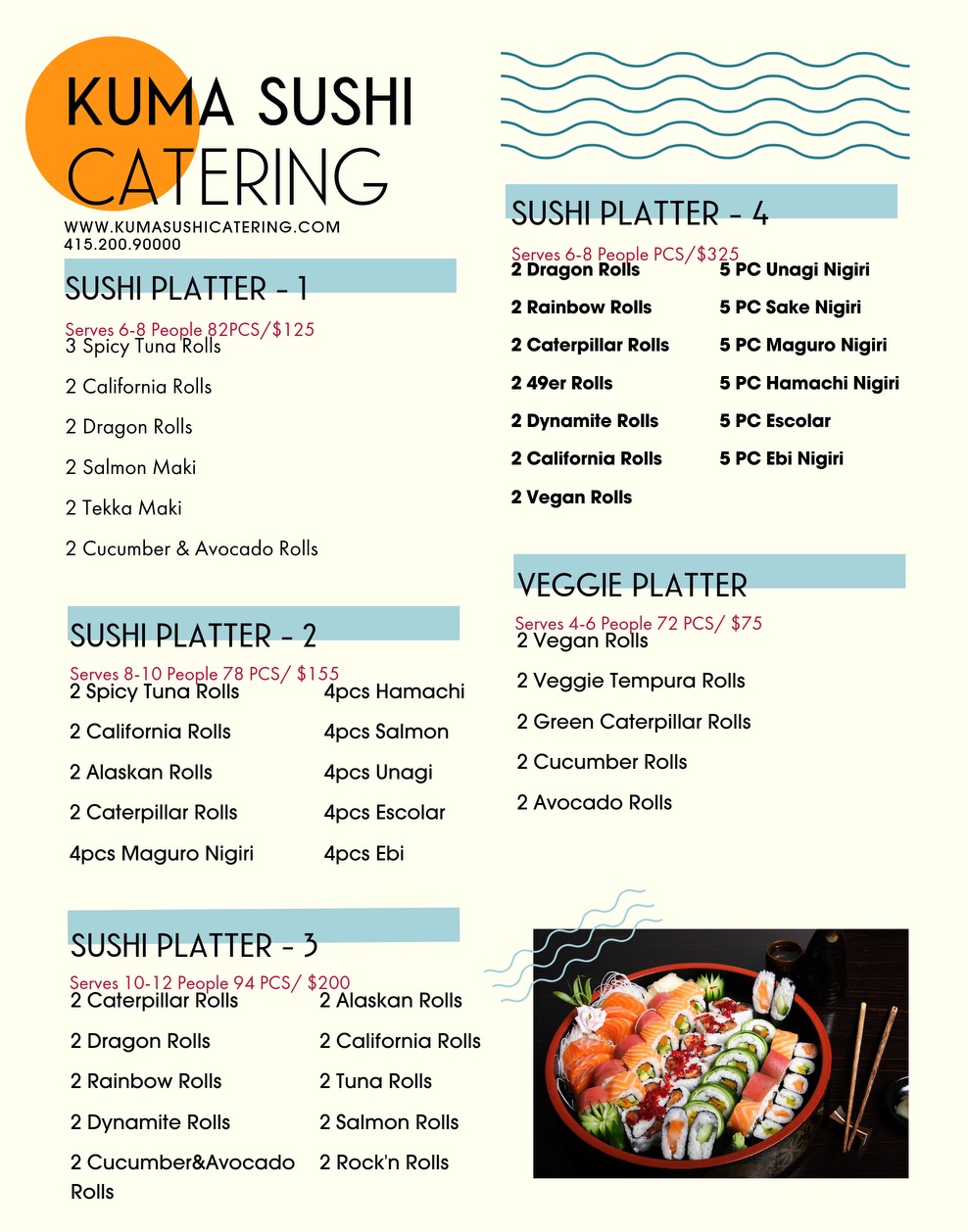 Kuma Sushi Catering Service Menu Page 1